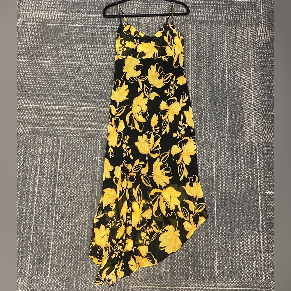 C/MEO On and Off Black and Yellow Floral Print Asymmetrical Midi Dress Sz Large - Picture 10 of 15